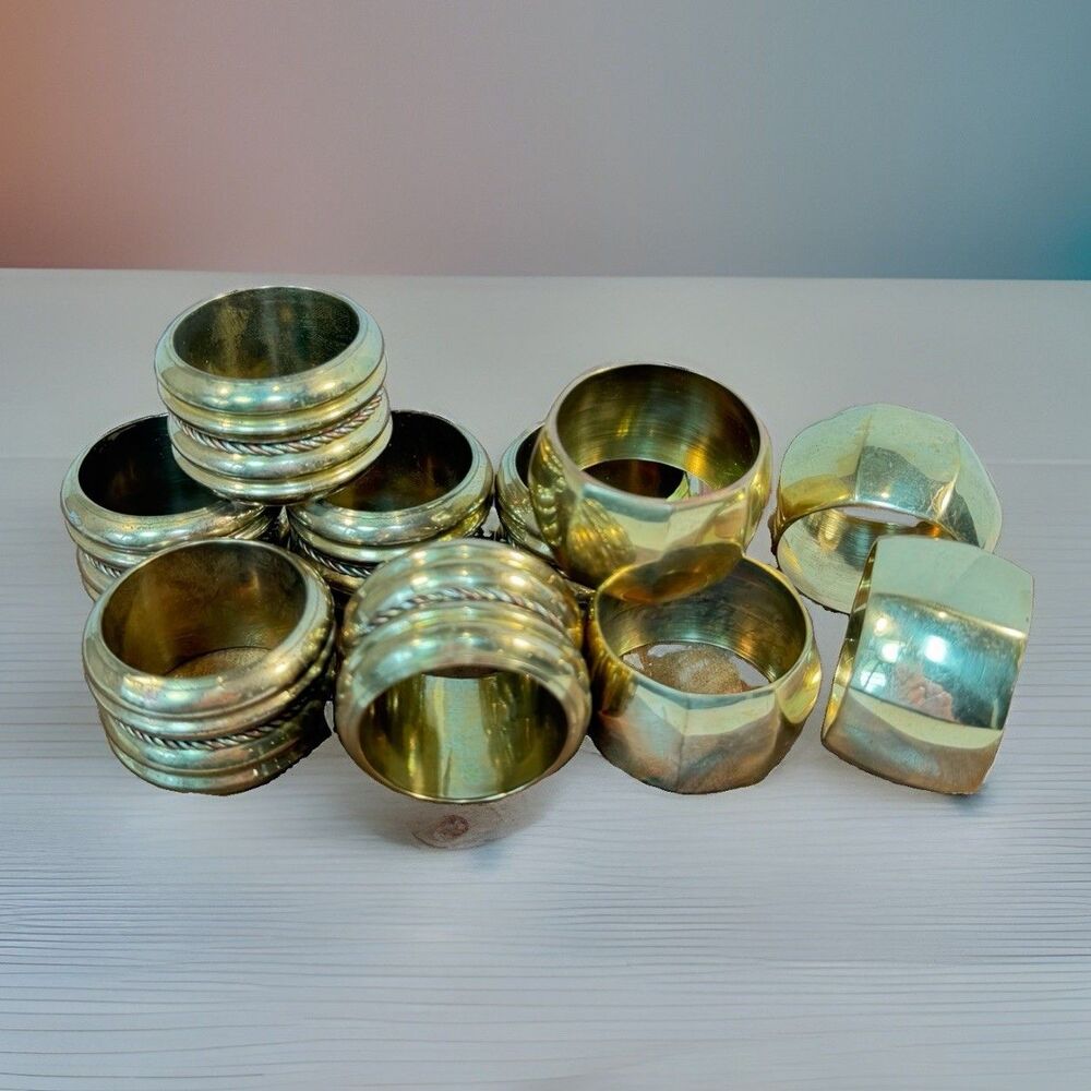 Vintage Set Of 10 Brass Napkin Rings 2 Coordinating Styles Christmas Dining